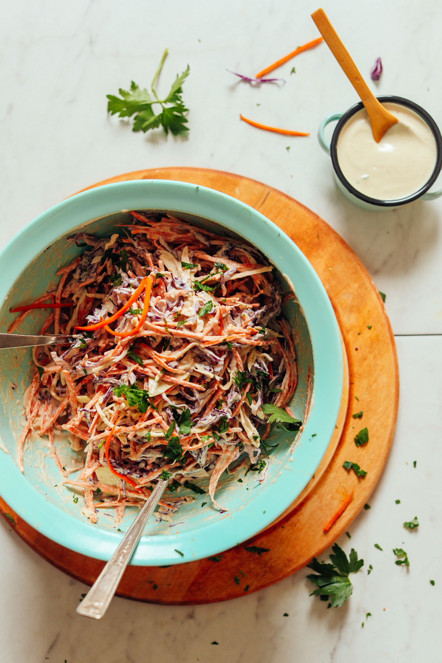 Big bowl of our fresh and delicious homemade vegan coleslaw