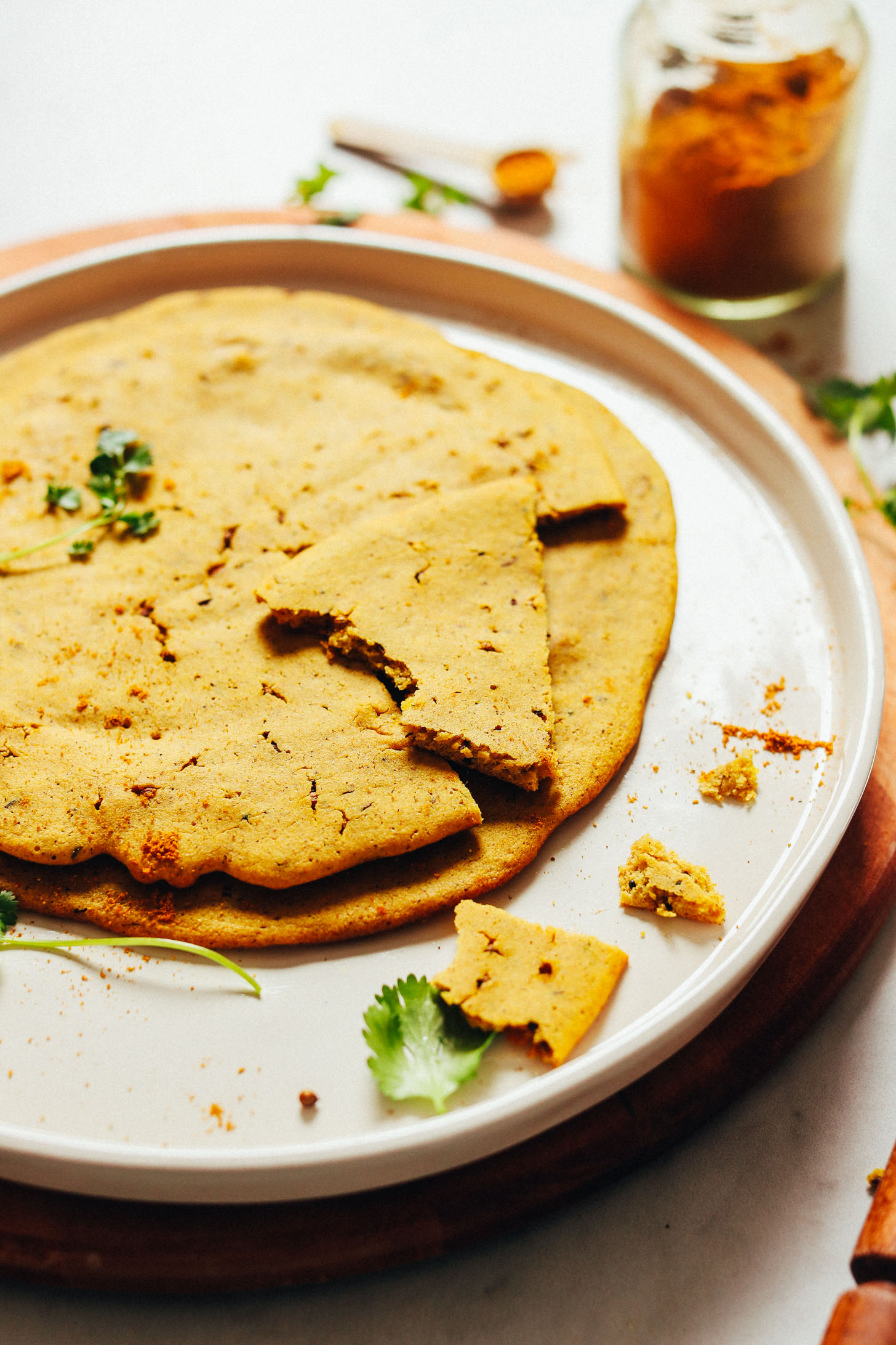 Plate with freshly baked vegan Curried Socca bread