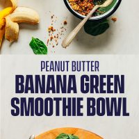 Cutting board of ingredients and bowls filled with our Peanut Butter Banana Green Smoothie Bowl recipe