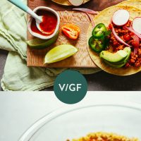 Mixing bowl with raw vegan taco meat and cutting board with the taco meat on tortillas