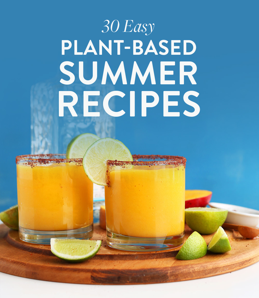 Chili Lime Mango Margarita glasses on a cutting board for our 30 Easy Plant-Based Summer Recipes roundup