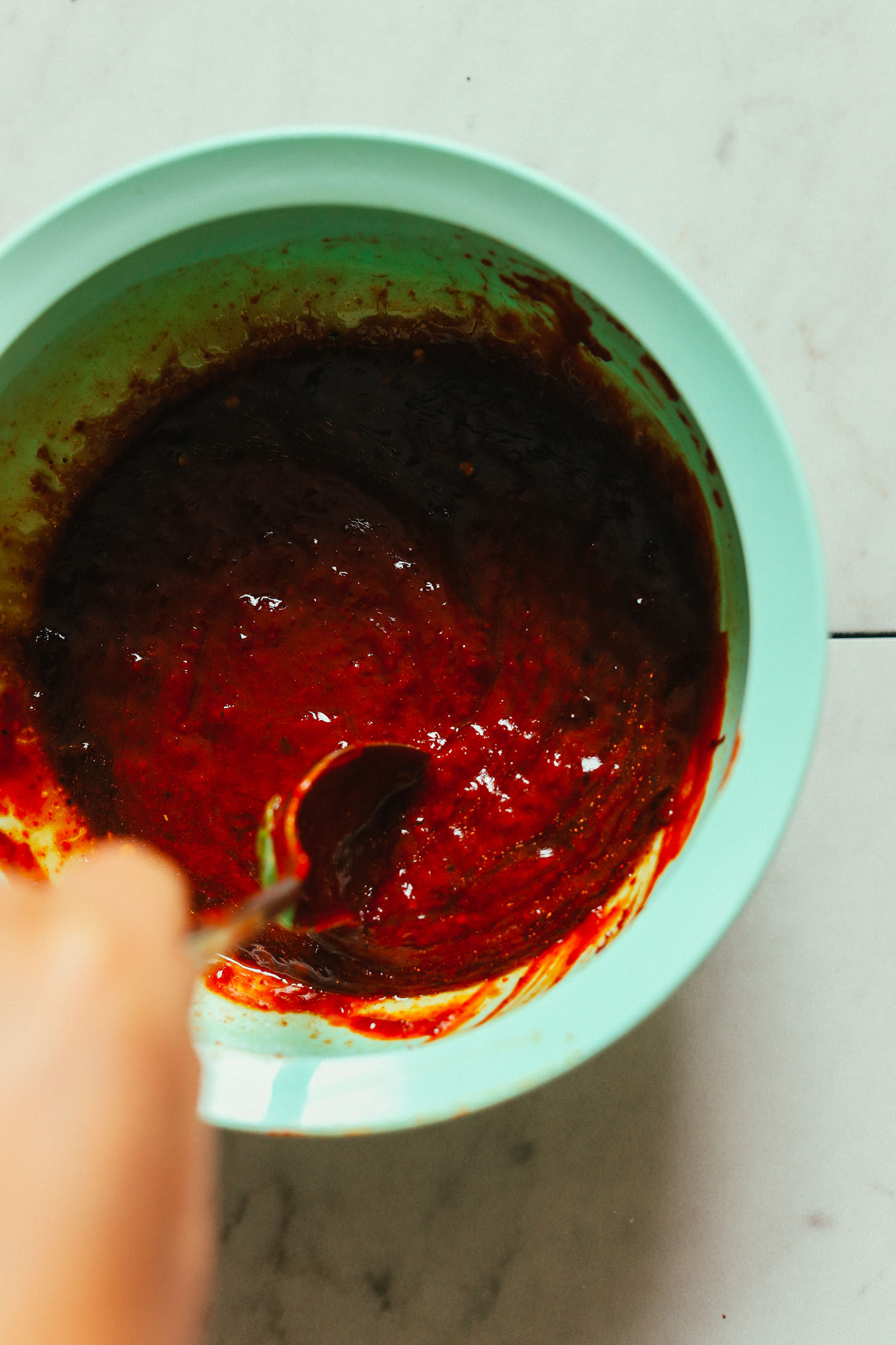 Stirring homemade vegan Korean Gochujang sauce