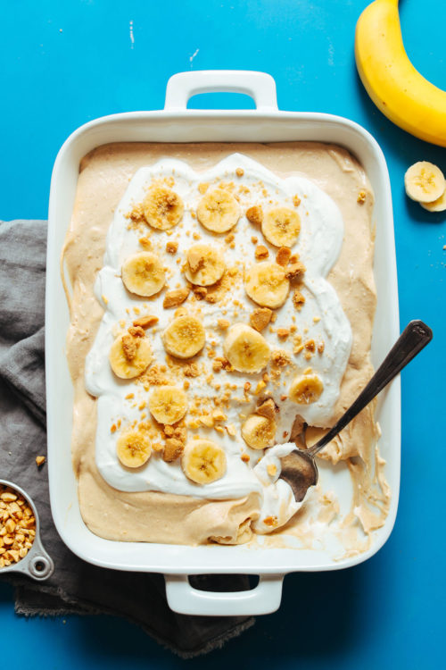 Baking dish filled with our vegan gluten-free Peanut Butter Banana Pudding recipe