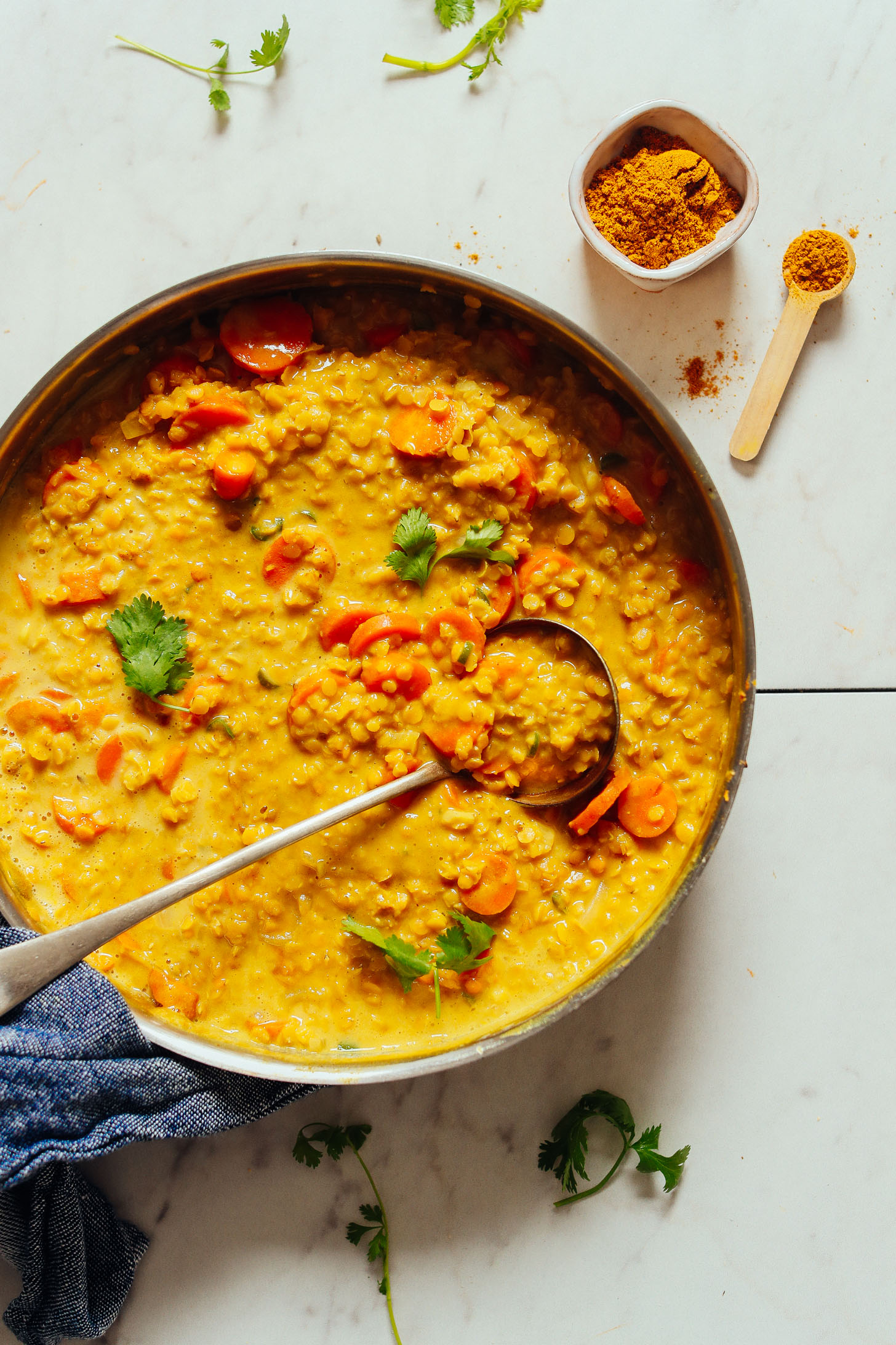 Overhead shot of Golden Curried Lentils topped with cilantro