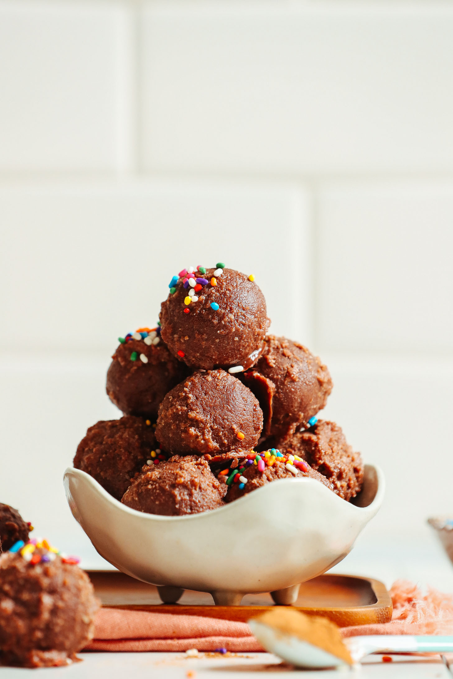 Bowl filled with a batch of our delicious Vegan Chocolate Cake Bites recipe