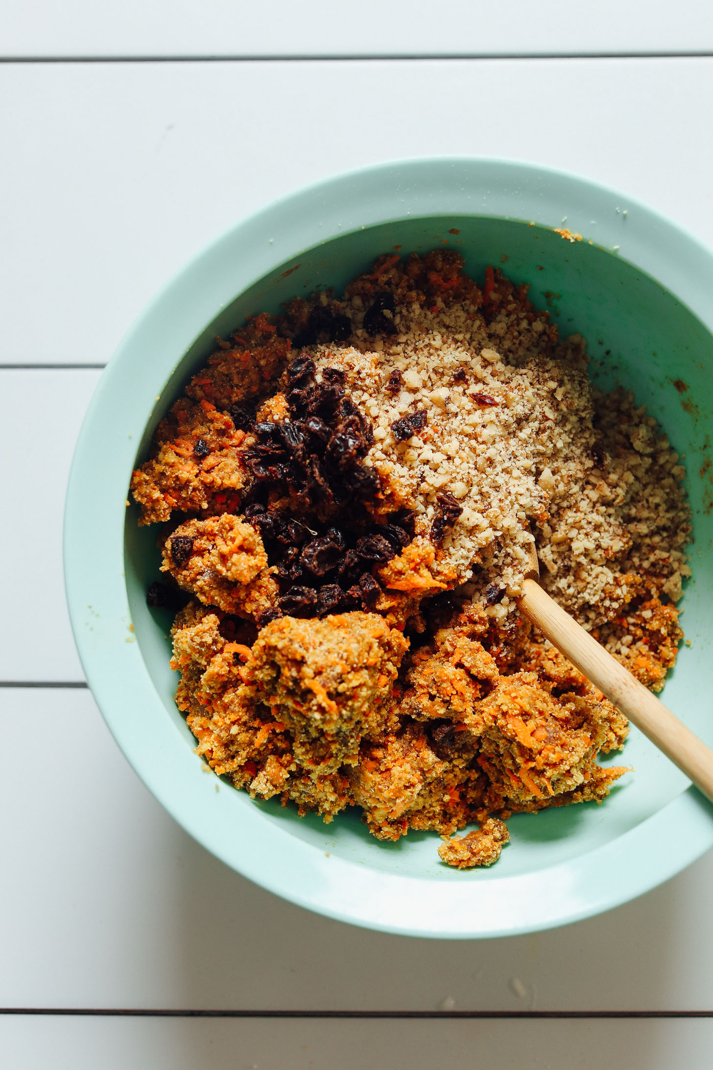 Mixing the ingredients for our gluten-free Raw Vegan Carrot Cake recipe