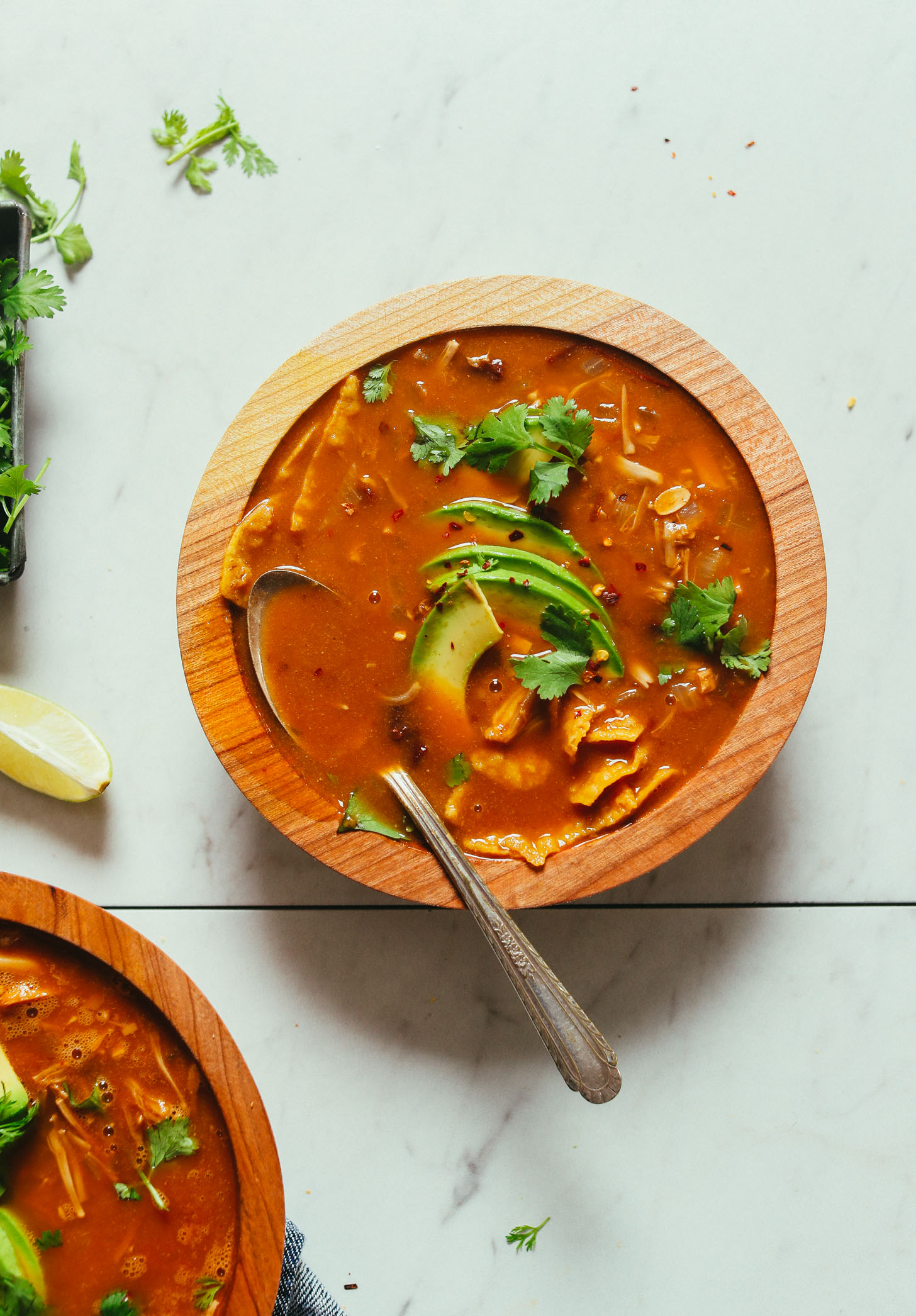Overhead shot of a bowl of homemade Vegan Tortilla Soup with Jackfruit