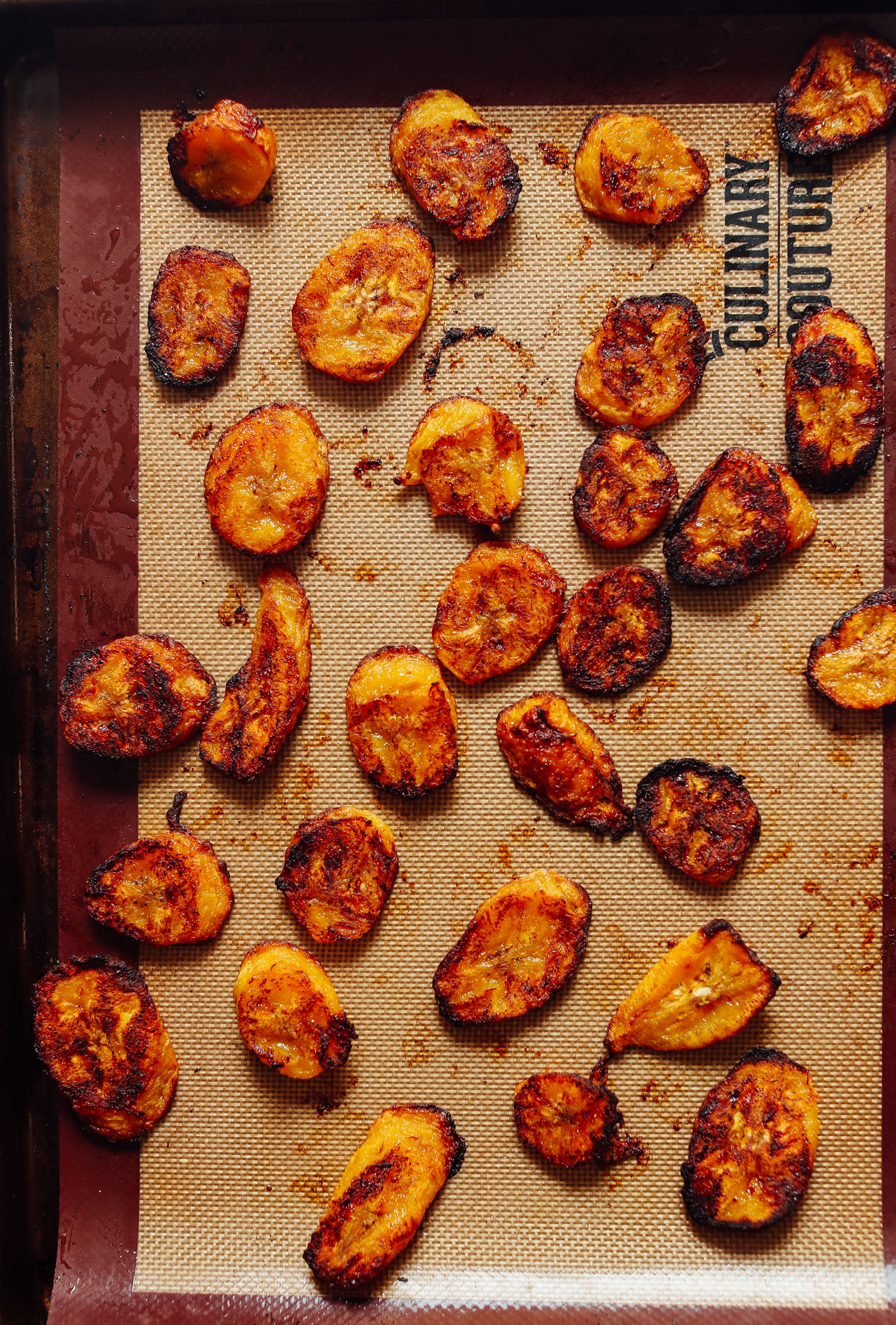 Baking sheet with perfect freshly roasted plantains