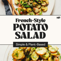 Photos of our French-Style Potato Salad in a bowl and on a platter with text that says simple and plant-based