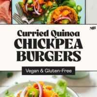 Platter and plate with Curried Quinoa Chickpea Burgers with text between the photos that says vegan and gluten-free