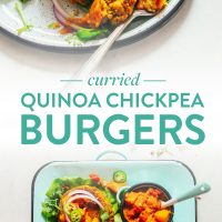 Plate and platter of Curried Chickpea Burgers on lettuce leaves with mango chutney