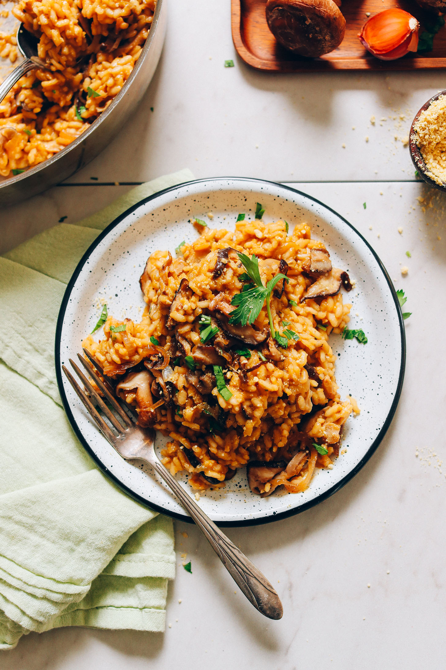 Plate of Caramelized Shiitake Mushroom Risotto for a delicious vegan dinner
