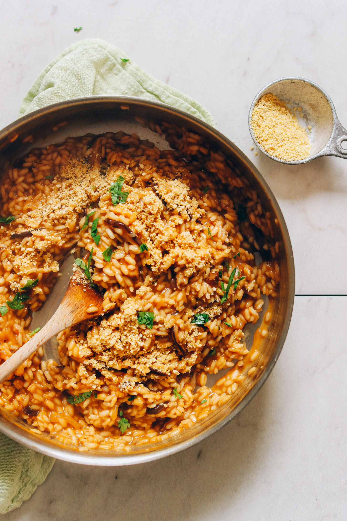 Pan filled with freshly cooked Caramelized Shiitake Mushroom Risotto
