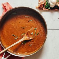Stirring a batch of our Easy Vegan Gravy recipe