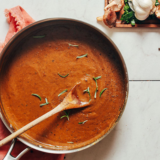 Stirring a batch of our Easy Vegan Gravy recipe
