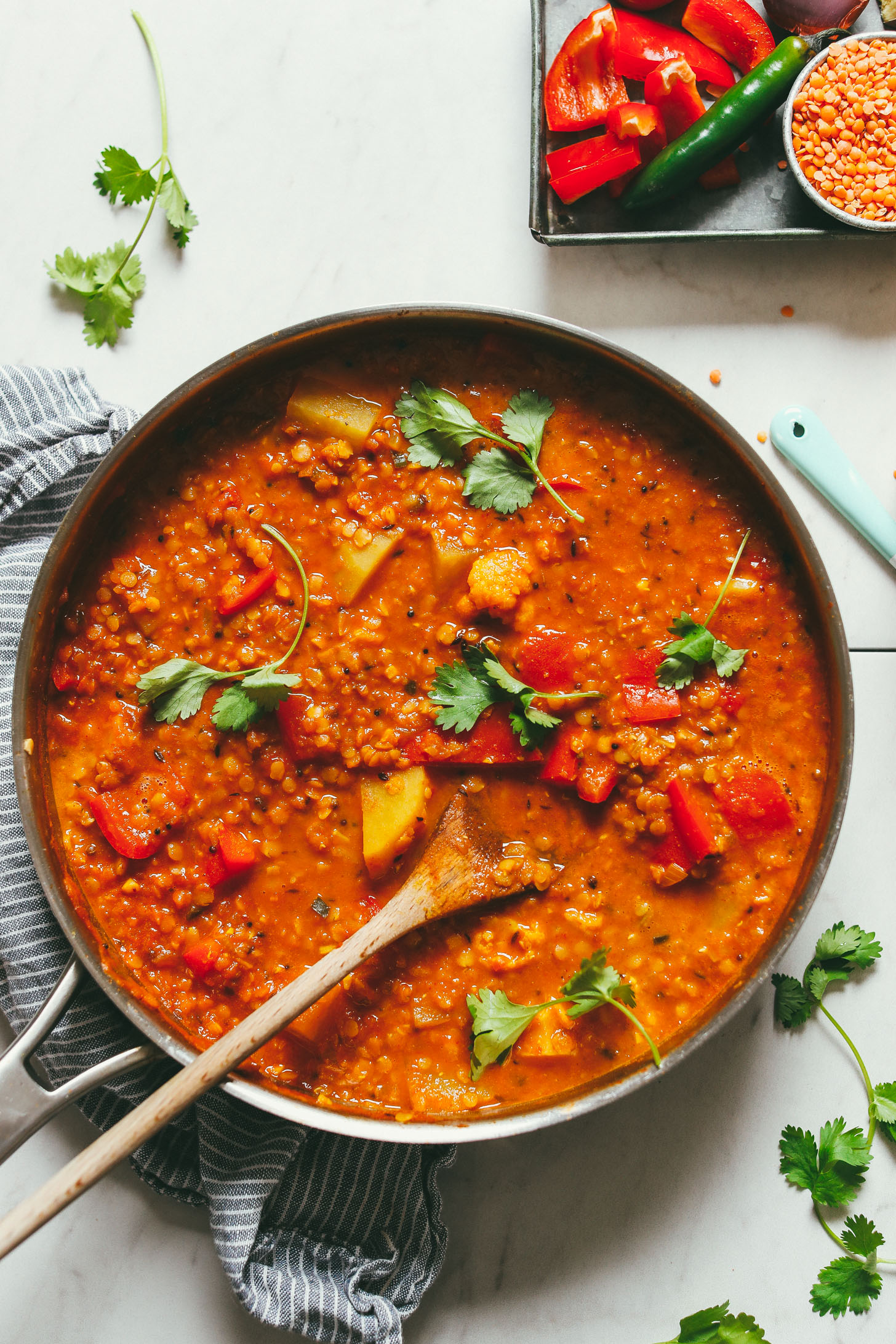 Large pan filled with red lentil curry with cauliflower, potatoes, and red bell pepper and cilantro garnish