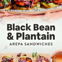 Platter and cutting board of our Vegan Arepa Sandwiches made with plantains, black beans, and guacamole