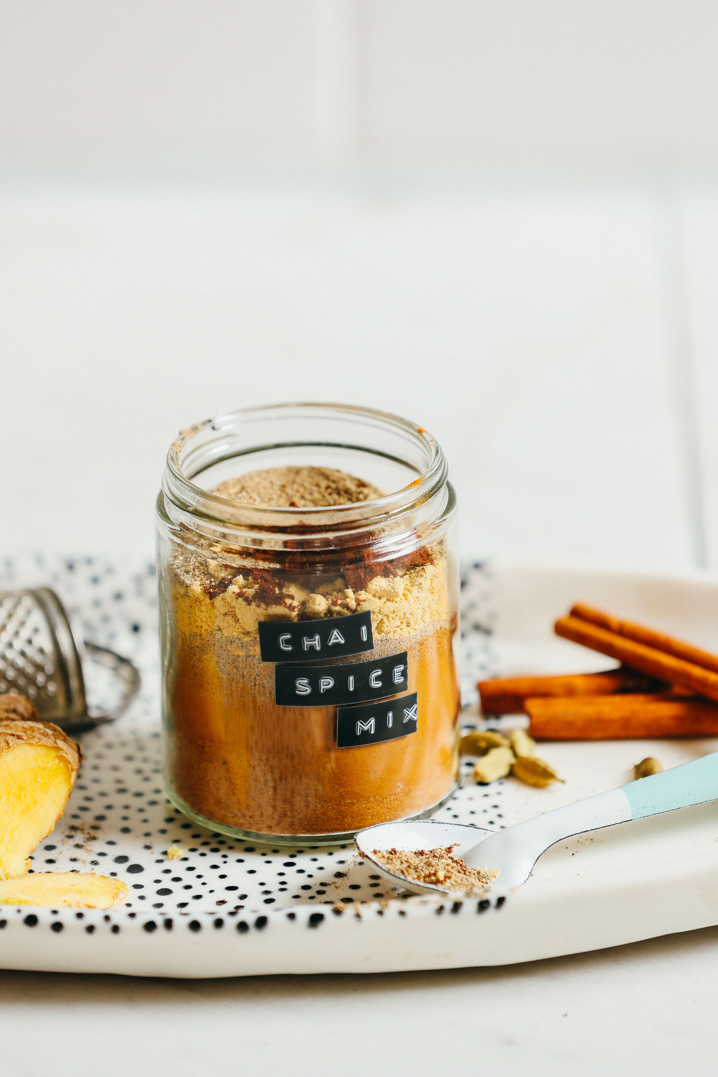 Jar of spices for our homemade Caffeine Free Chai Mix recipe