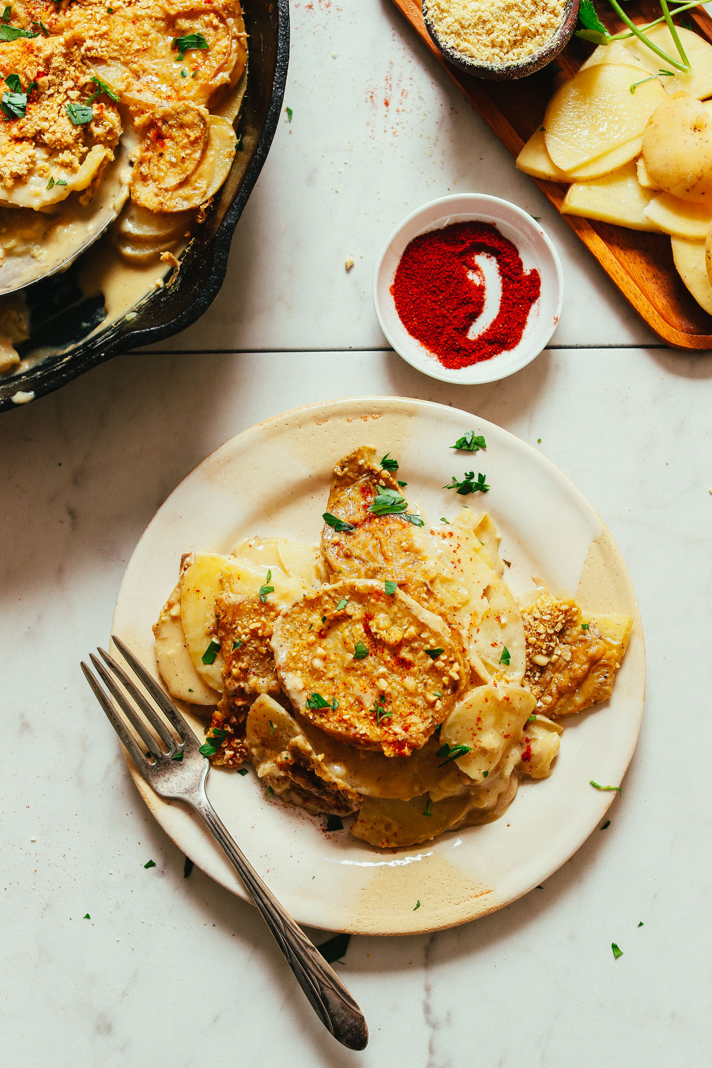 Plate of Vegan Scalloped Potatoes for Thanksgiving