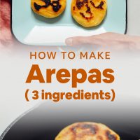Skillet and tray of our delicious homemade arepas