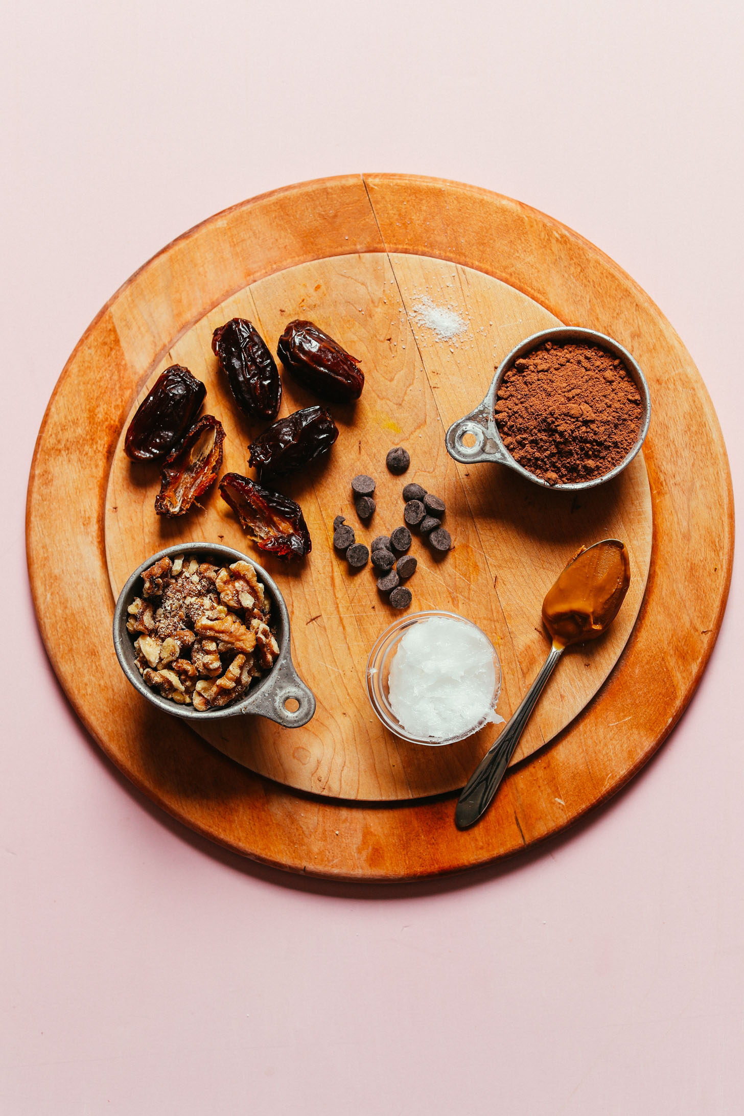 Cutting board with ingredients for making our easy vegan brownies recipe