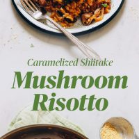 Plate and pan filled with our Vegan Caramelized Shiitake Mushroom Risotto recipe