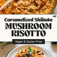 Pan and plate of our vegan and gluten-free Caramelized Shiitake Mushroom Risotto