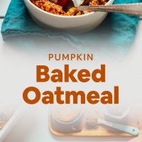 Bowls of Vegan Pumpkin Baked Oatmeal topped with coconut whipped cream and fresh cranberries