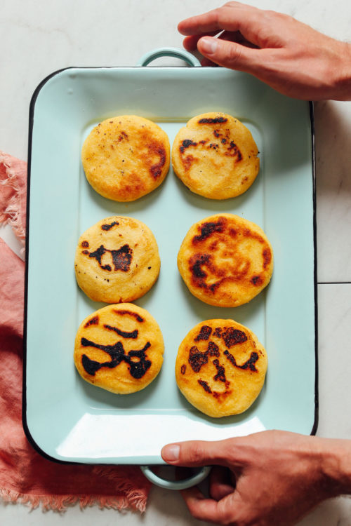 Tray with freshly made gluten-free vegan arepas