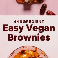 Food processor with ingredients for making Easy Vegan Brownies and a cutting board filled with a batch of these brownies