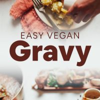 Pouring our Simple Vegan Gravy onto a plate of mashed potatoes