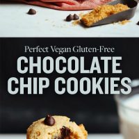 Bowls of Vegan Gluten-Free Chocolate Chip Cookies beside a glass of dairy-free milk