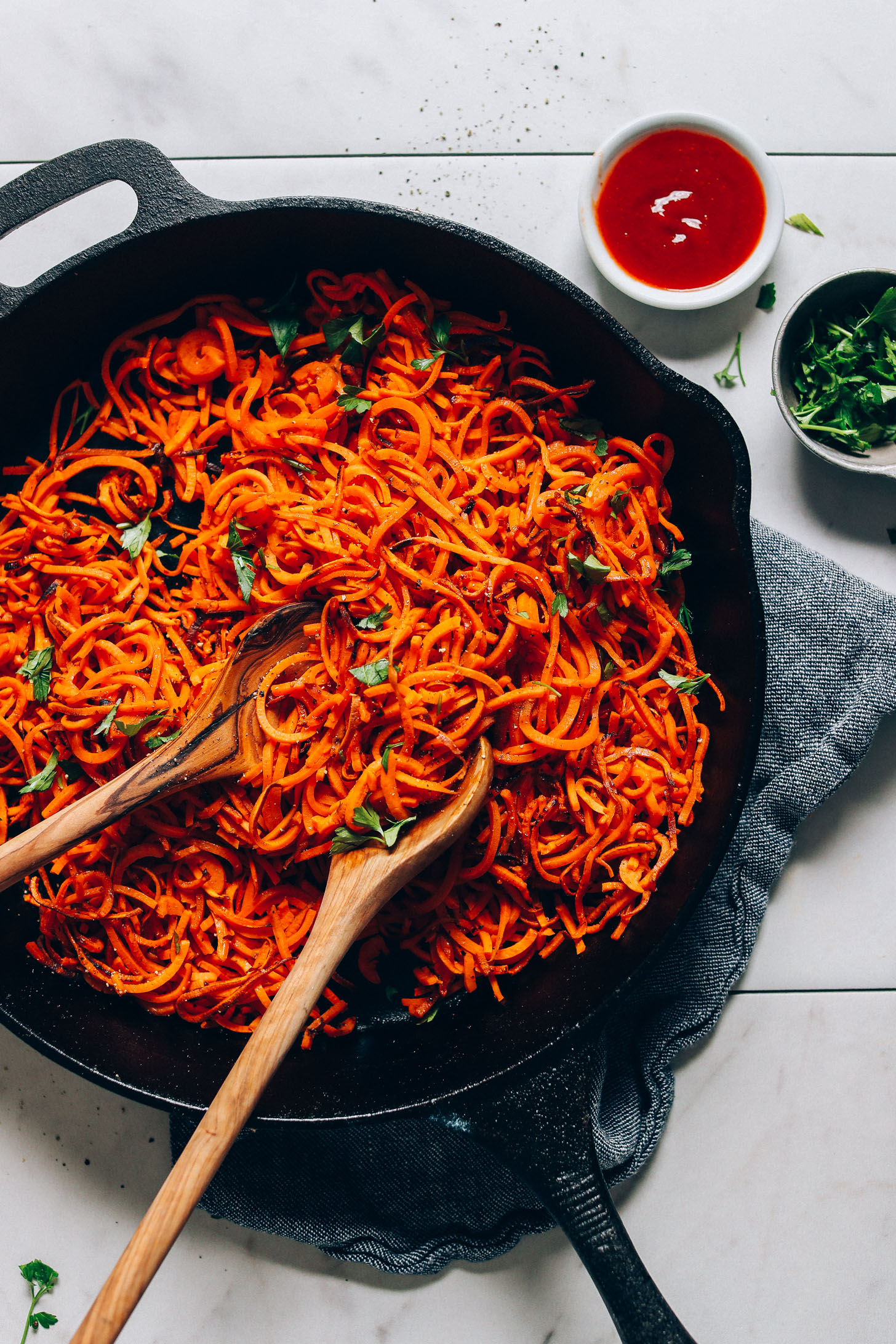 Cast-iron skillet filled with our delicious Sweet Potato Hashbrowns recipe