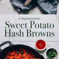 Plate and skillet of our 2-Ingredient Sweet Potato Hash Browns recipe