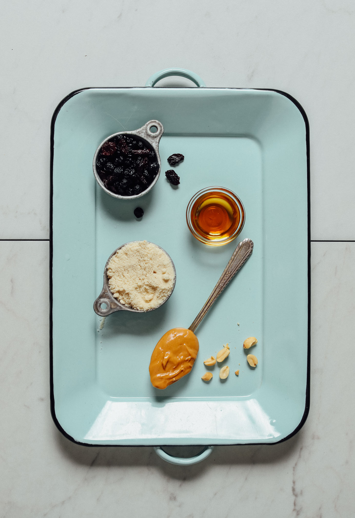 Tray with ingredients for making our No Bake Peanut Butter Thumbprint Cookies recipe