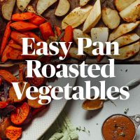 Pan and plate filled with a batch of our Easy Pan Roasted Vegetables recipe