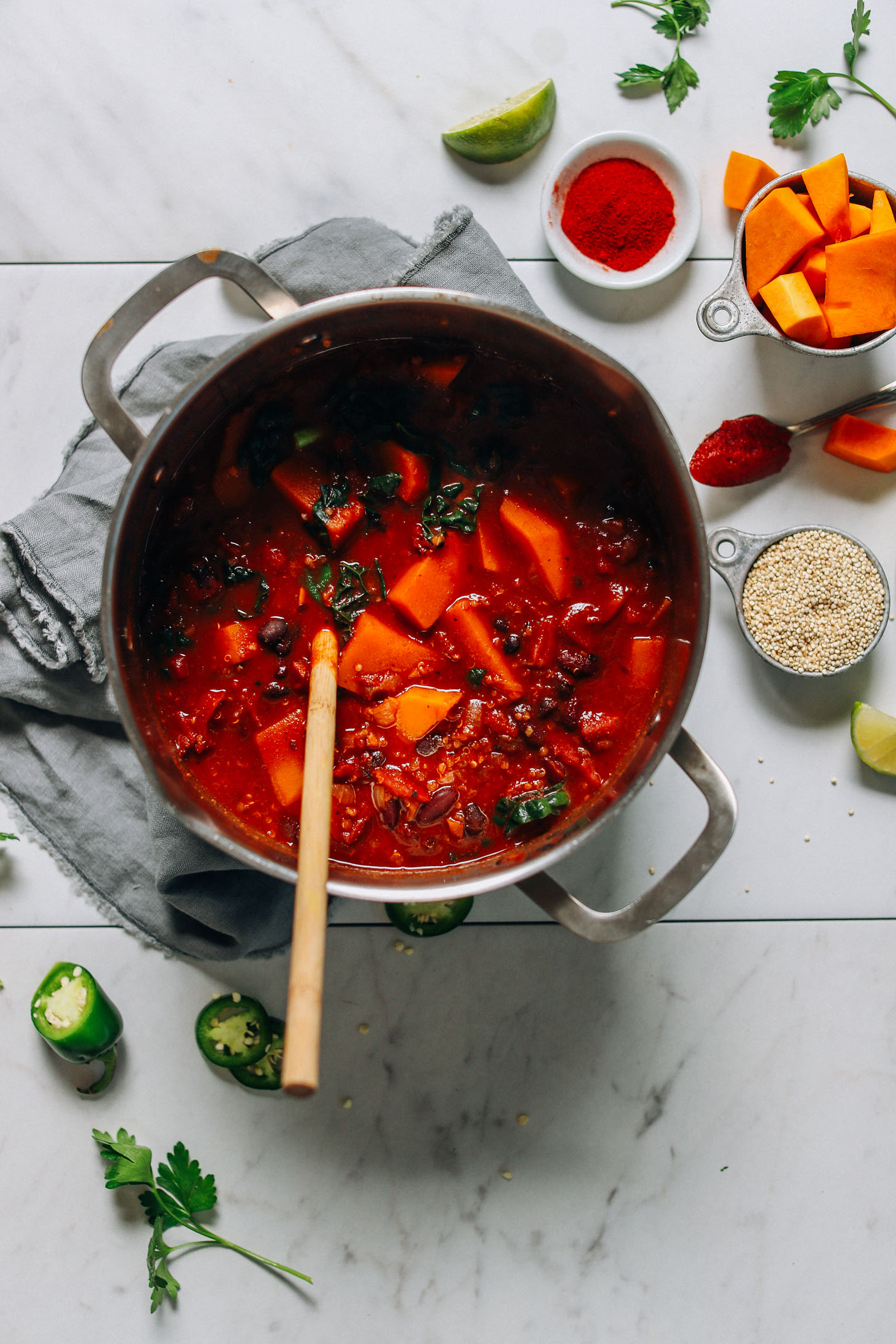 Making a big pot of hearty vegan Butternut Squash Quinoa Chili
