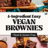 Overhead and side view photos of our 4-ingredient Easy Vegan Brownies with text saying 1 bowl and gluten-free