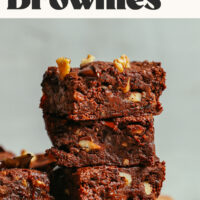 Stack of our easy fudgy vegan brownies