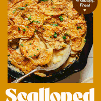 Overhead shot of a skillet of our easy vegan scalloped potatoes