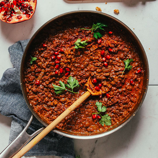 Skillet filled with a batch of our Vegan Lentil Fesenjan