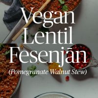 Skillet and plate of our hearty Vegan Lentil Fesenjan recipe