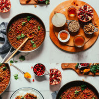 Photos of our vegan fesenjan in a pan, plated, and the ingredients used to make it