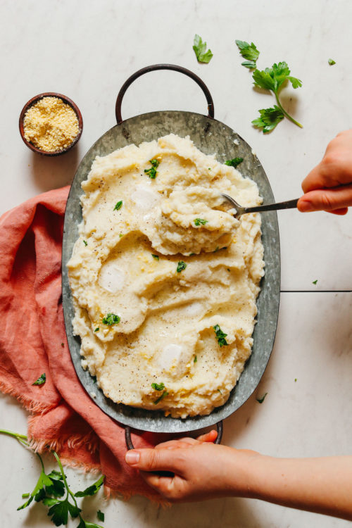 Tray filled with a batch of our creamy vegan Garlic Mashed Cauliflower