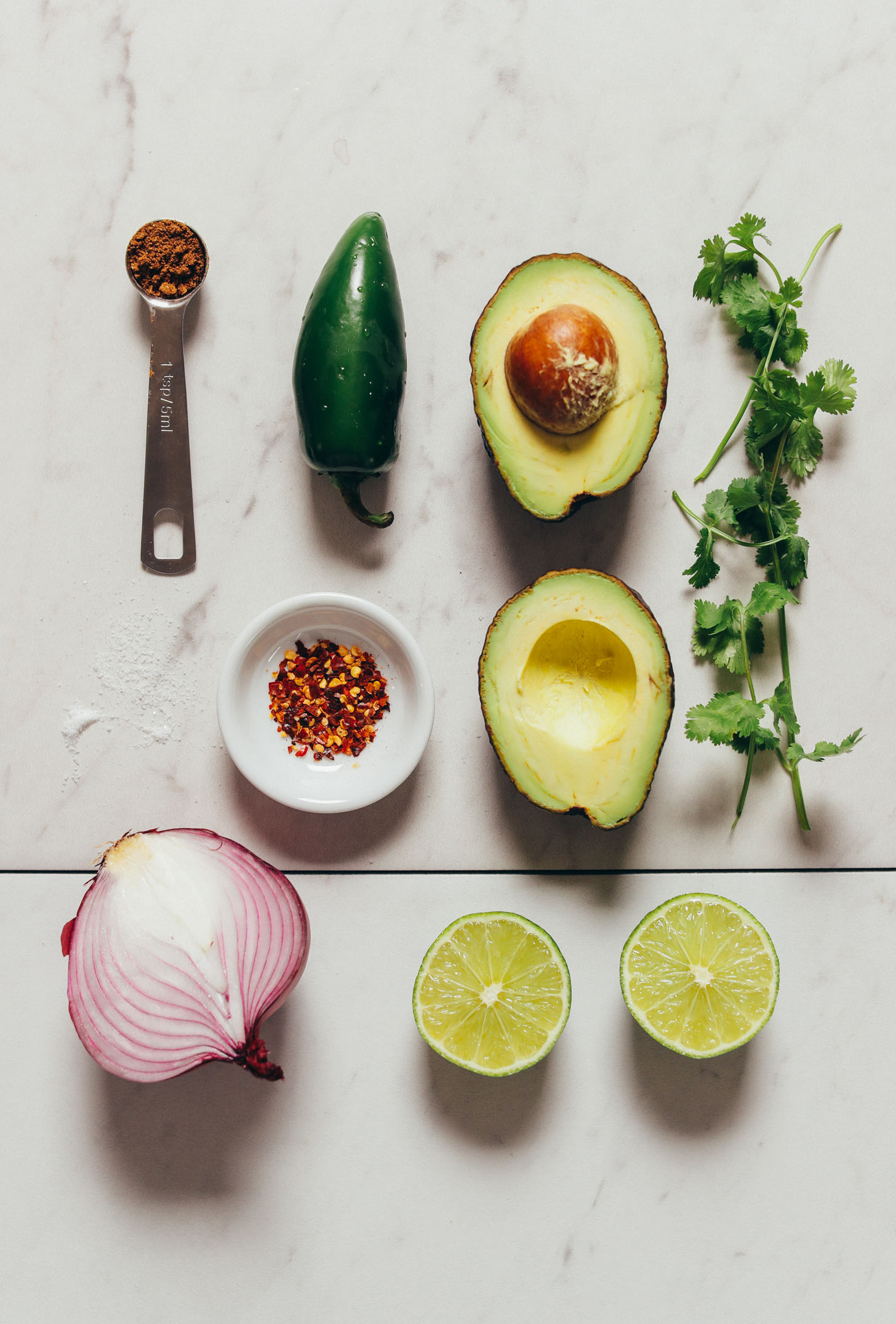 Overhead image of guacamole ingredients lined up in rows, including onion, guacamole, jalapeno, cilantro, and red pepper flake