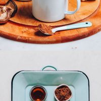 Mugs and tray of ingredients for making our delicious vegan Mushroom Latte