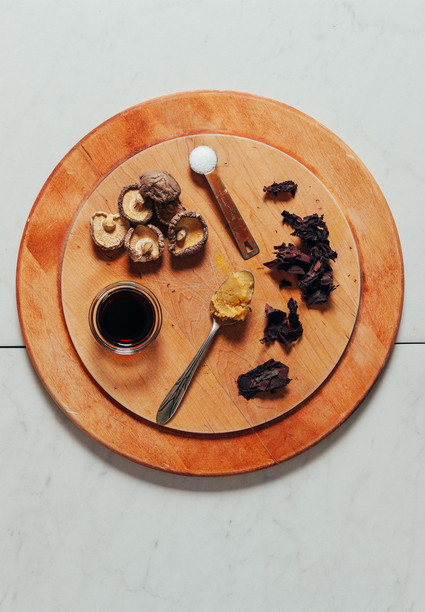 Dulse, shiitakes, miso, tamari, and salt for making vegan Fish Sauce