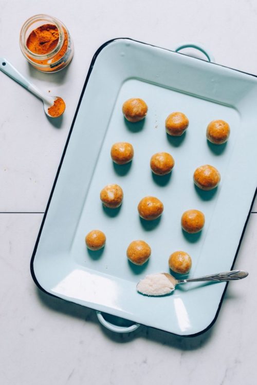 Platter of freshly rolled Vegan Golden Milk Snack Bites