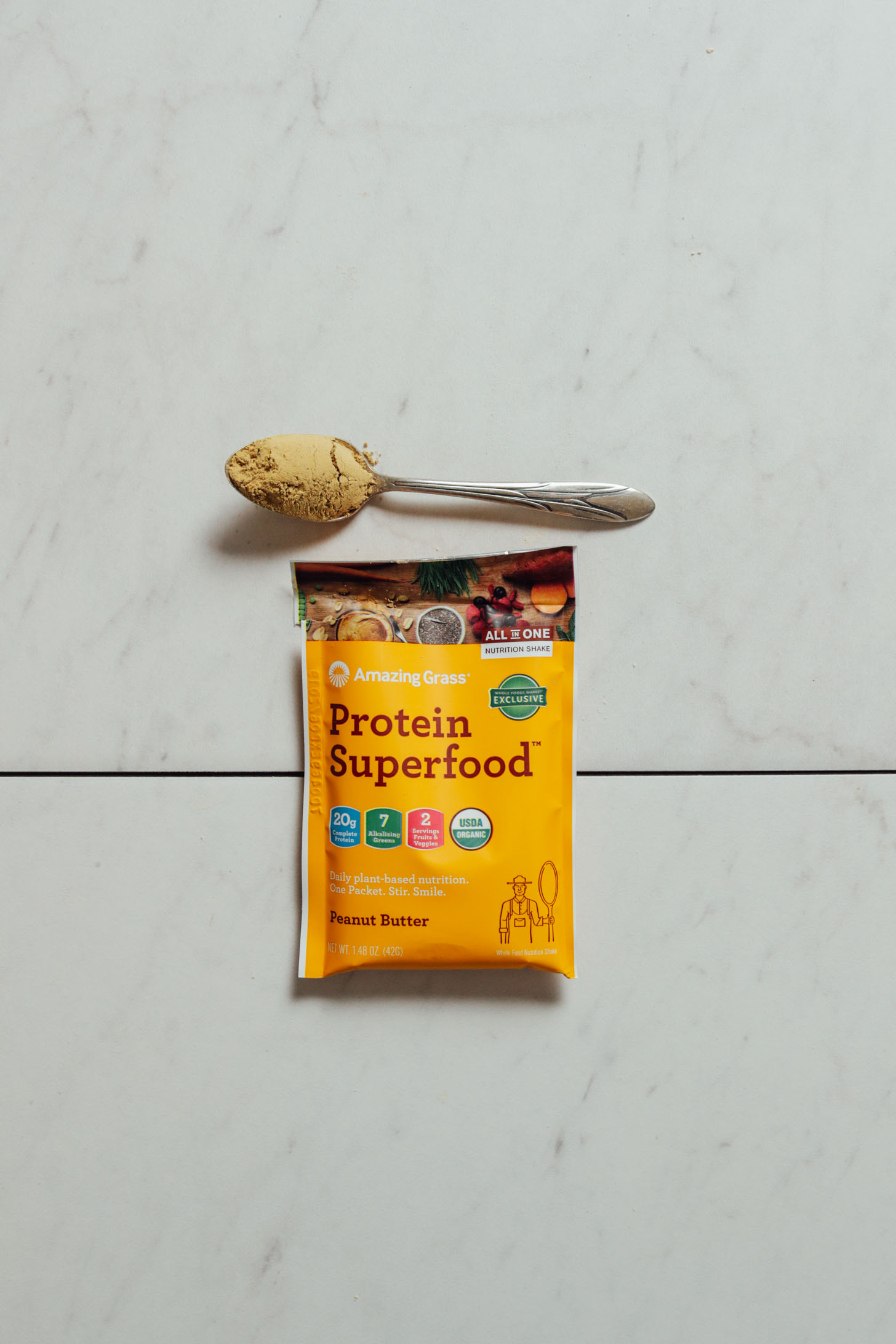 Pouch of Amazing Grass Peanut Butter Protein for our flavored plant-based protein powder review