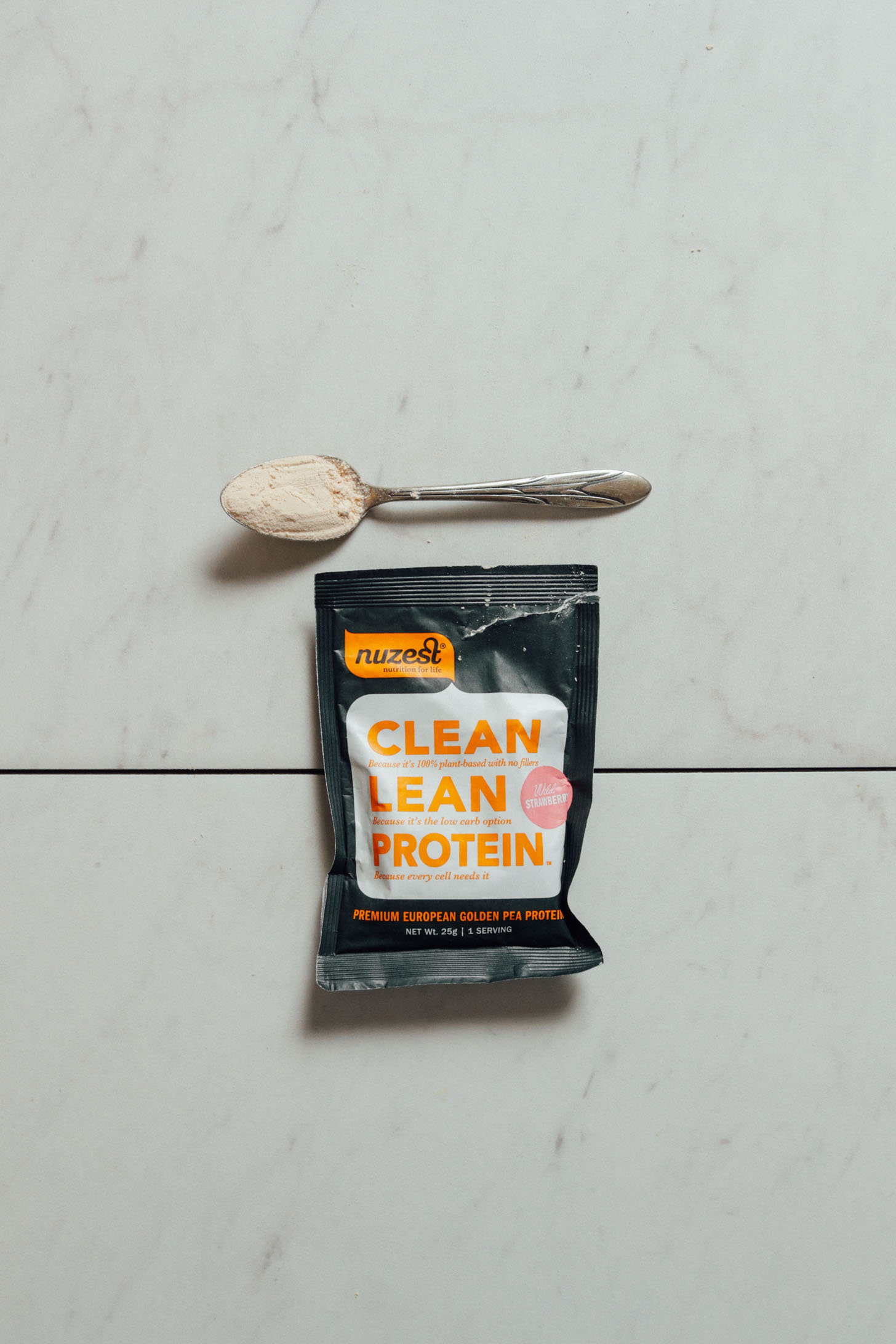 Pouch of plant-based strawberry protein powder for our review